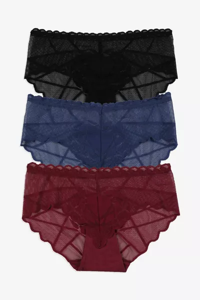 Dames 3-pack slipje met hartdetails en kant