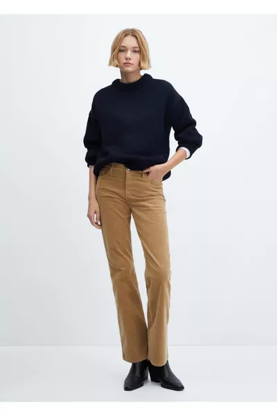 Панталон от велур с висока талия и ребрист десен