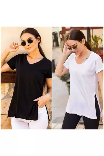 T-shirt / Tunique Femme en Jersey de Coton Tricoté, Noir et Blanc, Col en V à Deux Pièces, Asymétrique avec Fente sur le Côté