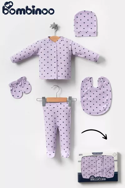 5-Piece Hospital Discharge Onesie Set for Newborns, Ribbed Lilac Fabric with Navy Hearts