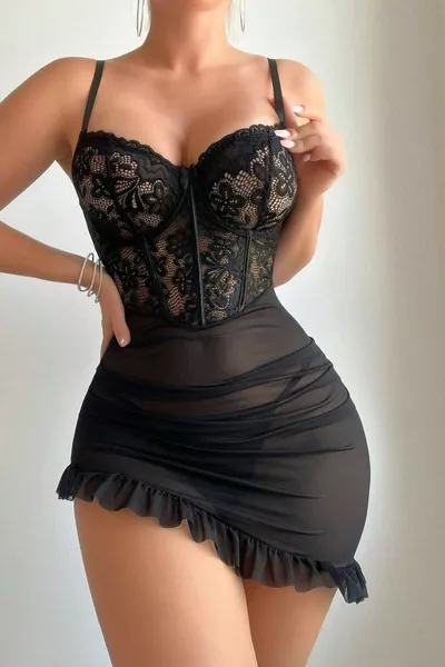 2-Piece Black Ruffled Thong and Nightgown