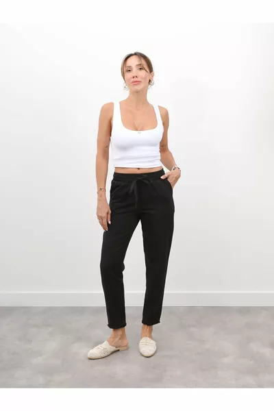 Women's Black Gabardine Pants with Elastic Waist, Tassel Detail, and Cropped Fit