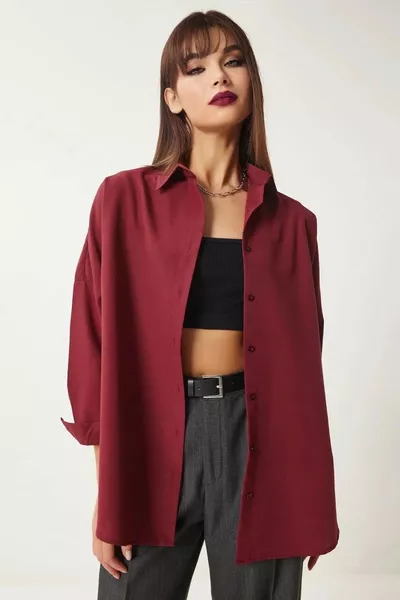 Damen Bordeaux Weitgeschnittenes Langarm-Basic-Hemd 