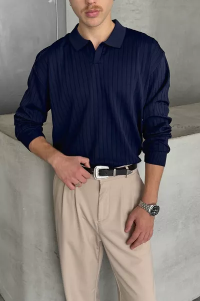 كنزة من صوف مضلع رجالي بقبة بولو وبحجم واسع