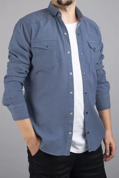 Slim Fit Erkek Pamuklu Kot Gömlek Mavi