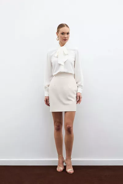 Tie-Neck Plain Shirt - Ecru