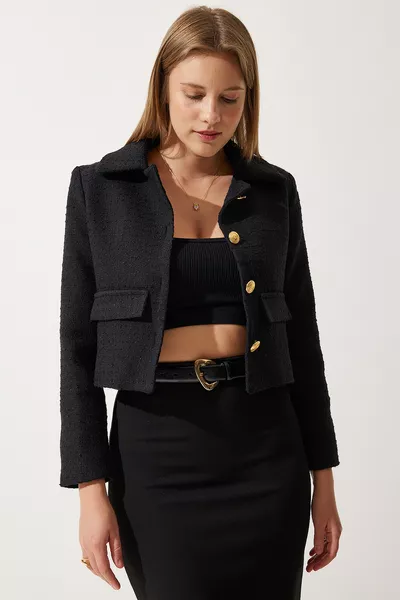 Women's Black Crop Tweed Blazer Jacket 