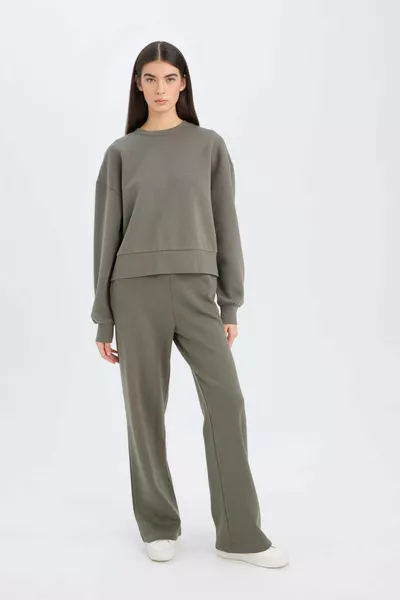 بنطال رياضي سادة بقصة مستقيمة، خصر مطاطي، جيوب، خصر مرتفع، أساسي WN