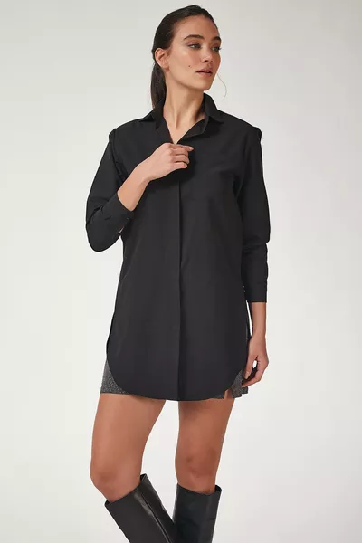 Women's Black Long Boyfriend Poplin Shirt 