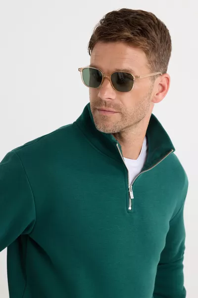 سويت شيرت بياقة عالية نصف سحاب، قطن مريح مبطن بالقطن، تصميم فضفاض للجنسين، باللون الأخضر الزيتوني