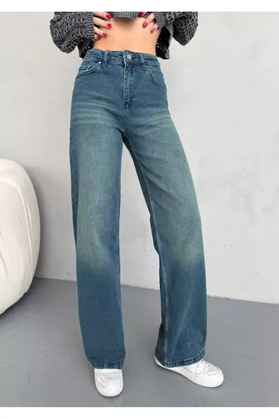 Damen High-Waist Vintage Palazzo-Jeans mit blassem Effekt