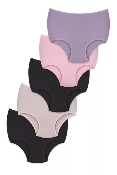 سروال نسائي بكام عالي الخصر - حزمة من 5 قطع، ملابس داخلية مريحة عالية الخصر، قماش قطني، متوفر بـ 7 ألوان مختلفة