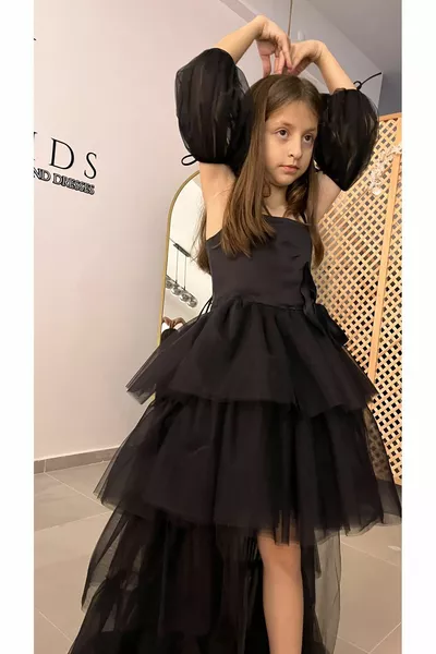 فستان سهرة أسود بطول ذيل للبنات، فستان للبنات