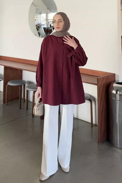 Sleeve Detailed Shirt Oversized Shirt Burgundy