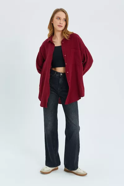 Chemise en mousseline oversize femme avec poches Bordeaux 