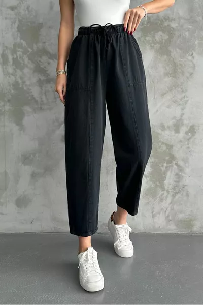 بنطال نسائي بجيب وطول الكاحل مع تفاصيل خياطة، ٪ قطن