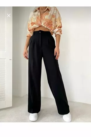 Dames zwarte hoge taille plissé palazzo broek met lycra