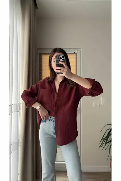 قميص موسلين نسائي بورجوندي فضفاض مع جيوب