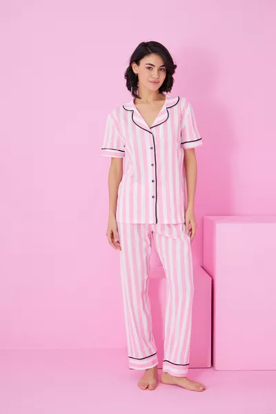 Pink and white striped patterned short-sleeve buttoned piped pajama set 