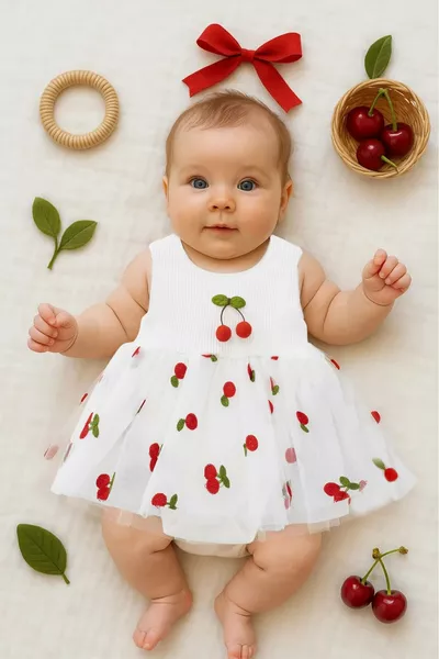 Rompertje met klittenband en tule details met kersenprint (% katoen)