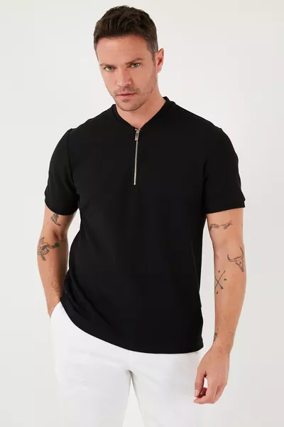 Мужская футболка с хлопком, прямого кроя, с полузастежкой-молнией 