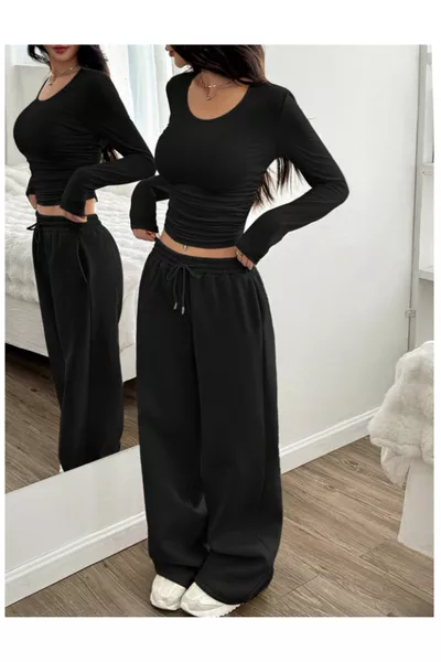 بنطلون نسائي أسود كبير الحجم، واسع وفضفاض، قماش مرن ومريح، بنطلون رياضي من شاه مودا