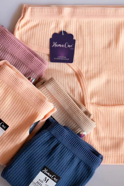 Women's % Cotton 5-Pack Ribbed Waist Bikini Panties in Baby Pink, Rosewood, Indigo, Nude 