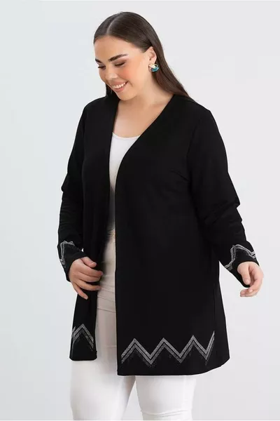 Женский кардиган больших размеров из эластичного вискозного материала, миди длины, с зигзагообразной отделкой на рукавах и подоле, с открытой передней частью