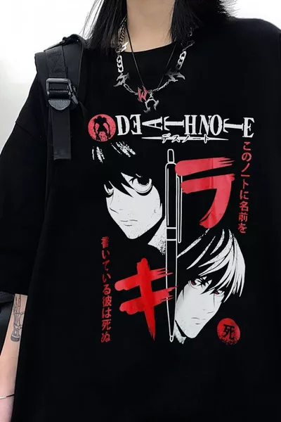 T-shirt oversize unisex anime nera con stampa Death Note