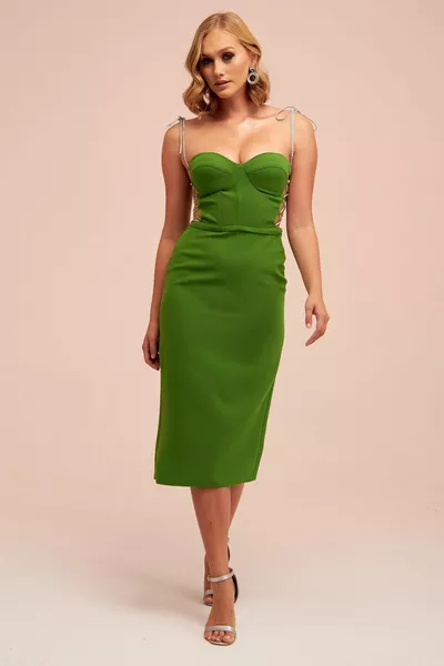 Pistache Groene Stone Midi Crêpe Avondjurk Met Veters