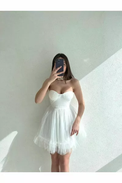 Women's Strapless Tulle Silicone Non-Slip Tread Elasticated Short Wedding Engagement Promise Graduation Evening Dress