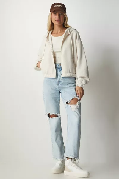 Crèmekleurig sweatshirt met capuchon verhoogd voor dames 