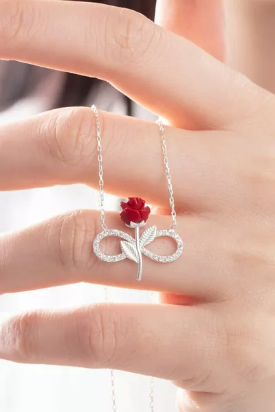Women's  Sterling Silver Chain White Cubic Zirconia Red Rose Infinity Necklace