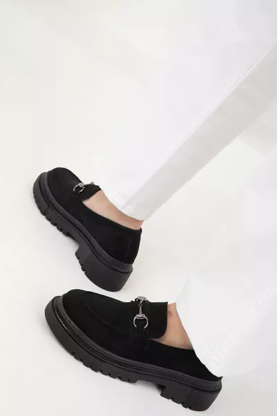 حذاء نسائي لوفر جلد أسود SIYAH SUET موديل 