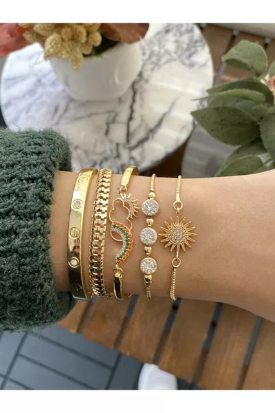 سوار نسائي مصقول بالذهب مع أحجار الزركون مجموعة من 5 قطع