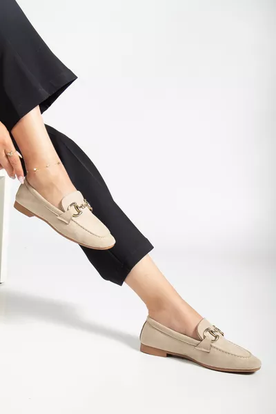 Women's Beige Ballerina Loafer Moccasin Suede Fabric Casual Shoes