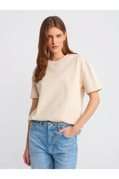  % Хлопок Декоративная Строчка Футболка с Круглым Вырезом - Камень