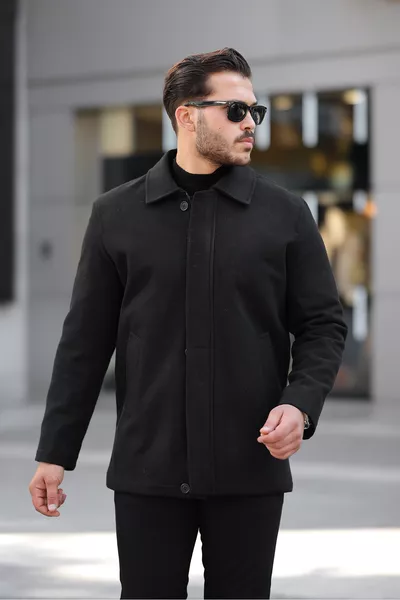 Heren Gewatteerde Comfortabele Pasvorm Winddichte Zwarte Kasjmier Mantel