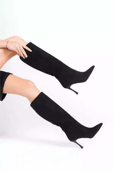 -S Dames Suède Dunne 9 cm Hoge Hakken Puntige Neus Zwarte Lange Laarzen