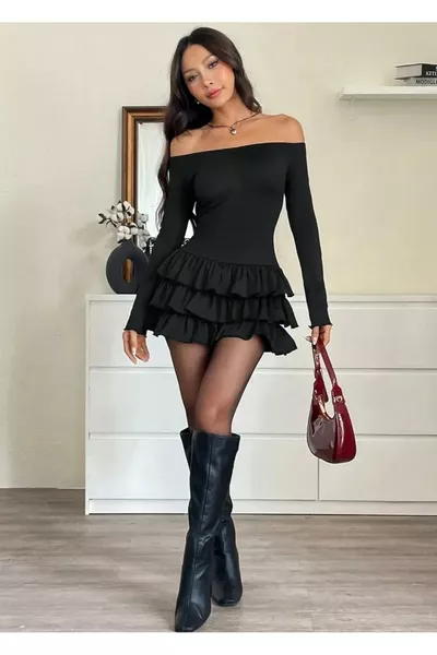 فستان قصير بتصميم نسائي، بدون أكمام، بطبقات وتنورة متعددة الطبقات