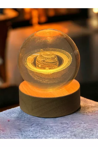 3D LED светлинна лампа с дървена стойка, стъклен глобус на планетата Сатурн, пълнолуние, снежна топка, с USB