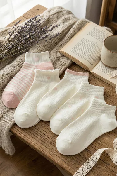 5 أزواج جوارب نسائية كريمية بنقشة قلب ناعمة