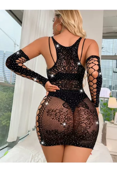 Black Mini Dress with Gloved, Stone-Studded Fantasy Bodysuit