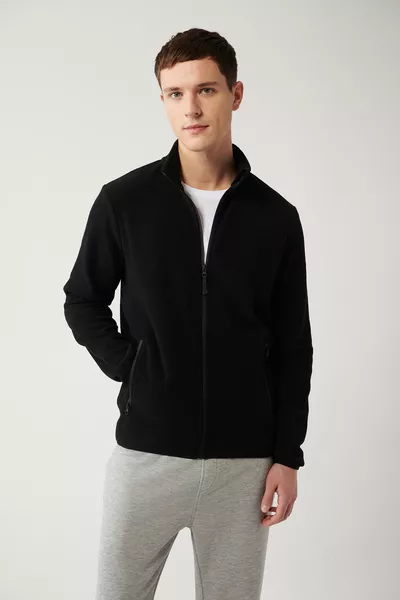 Heren Zwarte Basic Fleece Cardigan met Hoge Hals 