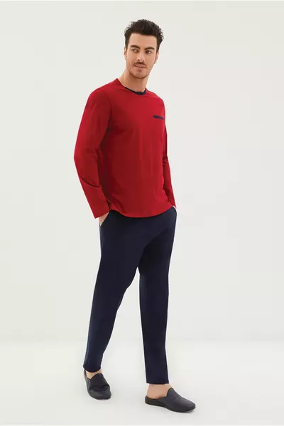 طقم بيجامة قطني بطبقتين بياقة نصف دراجة وأكمام طويلة