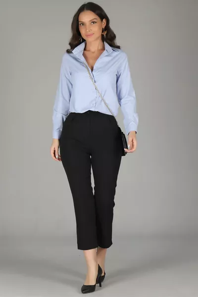 Дамска синя ликра памучна класическа риза с дълъг ръкав