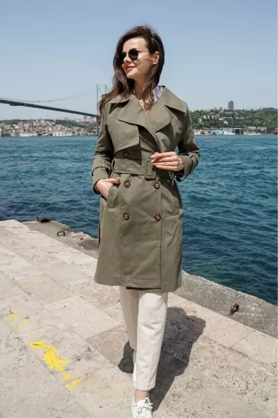 Trench-coat femme kaki % coton gabardine midi ( cm) doublé avec ceinture 