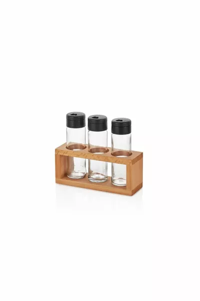 3-Piece Salt and Pepper Shaker Set with Wooden Stand | Glass Spice Jars | Kitchen Organizer