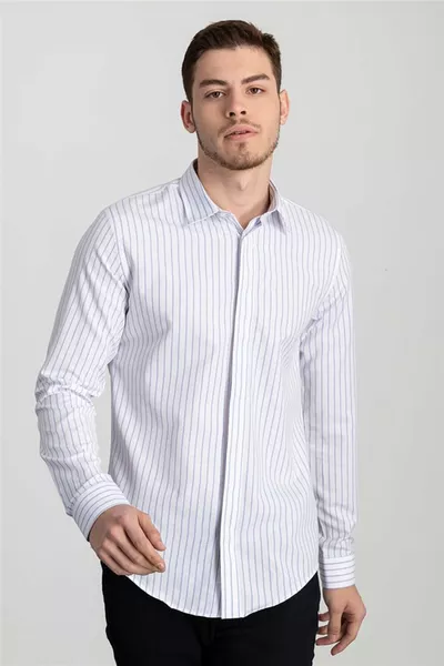 قميص رجالي أبيض مخطط، قطن، بأكمام طويلة، ضيق، سهل الكي