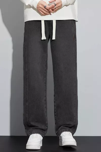 جينز رجالي رمادي غامق، واسع، خصر مطاطي، ستايل مستقيم، مرن ومريح